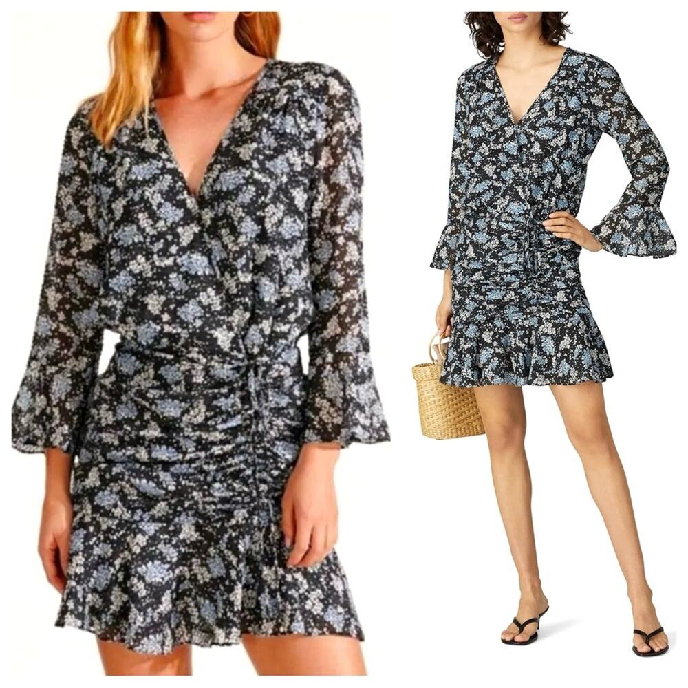 Veronica Beard Sean Dress Silk Ruched Floral Chiffon Mini Flowers Boho Blue 6